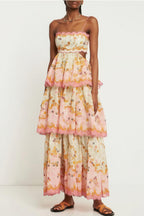 Fashion Tiered Spaghetti Strap Tassel Cutout Waist Embroidered Maxi Dress