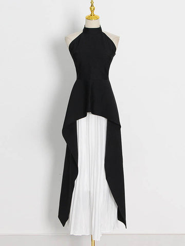Original Sleeveless Irregularity Solid Color High-Neck T-Shirt Top&Pleated Skirt Bottom Two Pieces Set