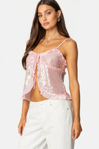 Sequin Tie Lace Trim Cami Top