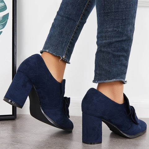 Zapatos de vestir sin cordones con tacón alto y grueso con punta puntiaguda y lazo 