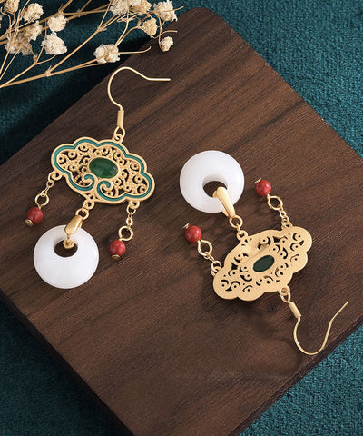 Pendientes colgantes con borla y hebilla de ping, de aleación blanca, con incrustaciones de gemas, jade y esmalte cloisonné. 