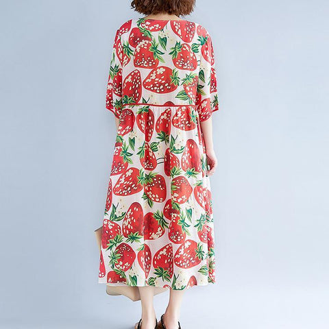 Vestido de gasa natural con estampado rojo para mujer, vestido extragrande, boutique, manga corta, cuello redondo, vestido midi con dobladillo extra grande 