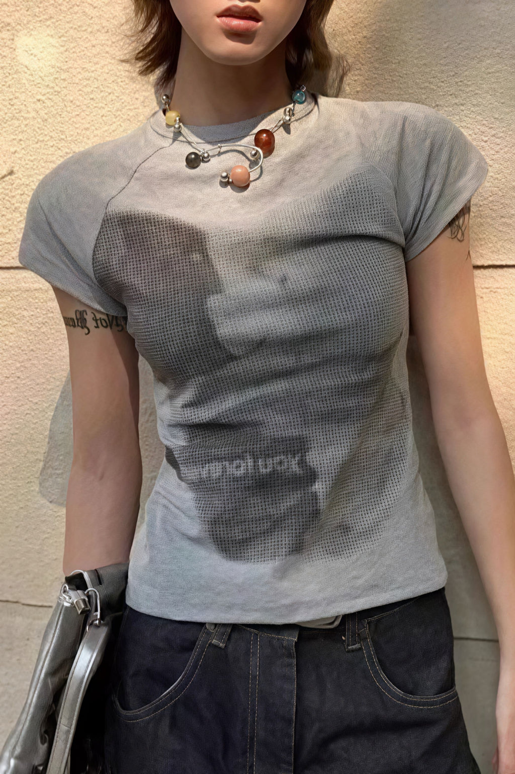 Bear Print Slim Cropped Cotton T-shirt