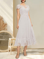 A-Linien-Kleid mit Illusion-Ausschnitt, Rundhalsausschnitt, Teelänge, Spitze und Chiffon, mit Pailletten, für die Mutter der Braut
