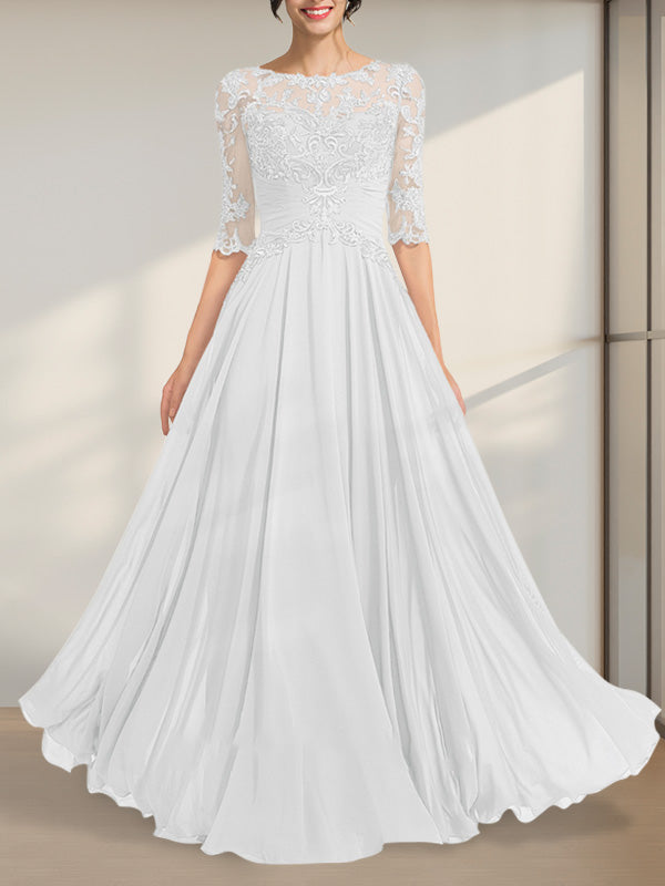 A-Linien-Kleid mit Illusion-Ausschnitt, bodenlang, aus Chiffon und Spitze, mit plissierten Pailletten und V-Ausschnitt für die Mutter der Braut
