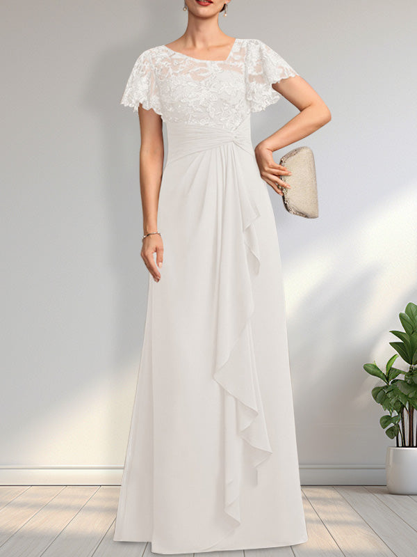 A-Linien-Kleid aus asymmetrischem Chiffon mit Illusion-Effekt, bodenlang, mit Kaskadenrüschen und Pailletten für die Mutter der Braut 