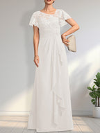 A-Linien-Kleid aus asymmetrischem Chiffon mit Illusion-Effekt, bodenlang, mit Kaskadenrüschen und Pailletten für die Mutter der Braut 