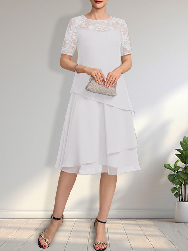 A-Linien-Kleid mit Rundhalsausschnitt, Illusion-Effekt, knielang, aus Spitze und Chiffon mit Pailletten für die Mutter der Braut