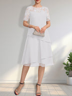 A-Linien-Kleid mit Rundhalsausschnitt, Illusion-Effekt, knielang, aus Spitze und Chiffon mit Pailletten für die Mutter der Braut
