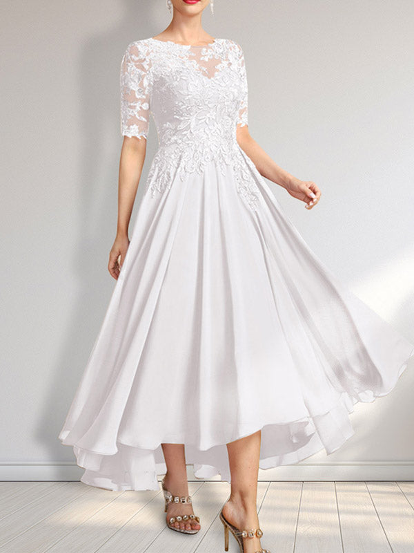 Vestido de madre de la novia de gasa asimétrica con encaje, ilusión, corte A y lentejuelas 
