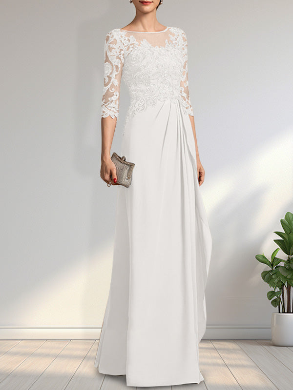 A-Linien-Kleid mit U-Boot-Ausschnitt, Illusion-Effekt, bodenlang, aus Chiffon und Spitze, mit Perlen, Pailletten und kaskadenartigen Rüschen – perfekt für die Mutter der Braut.