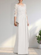 A-Linien-Kleid mit U-Boot-Ausschnitt, Illusion-Effekt, bodenlang, aus Chiffon und Spitze, mit Perlen, Pailletten und kaskadenartigen Rüschen – perfekt für die Mutter der Braut.