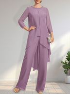 Zweiteiliger Jumpsuit/Hosenanzug, bodenlanges Chiffonkleid für die Mutter der Braut mit Paillettenbesatz und Rundhalsausschnitt.