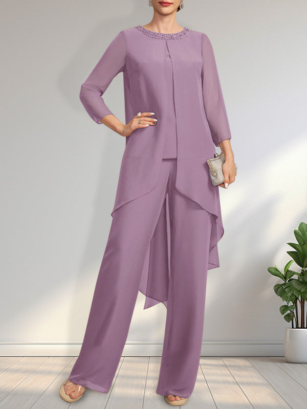 Vestido de gasa para madre de la novia, con escote redondo y largo hasta el suelo, con lentejuelas y abalorios, estilo mono/pantalón.