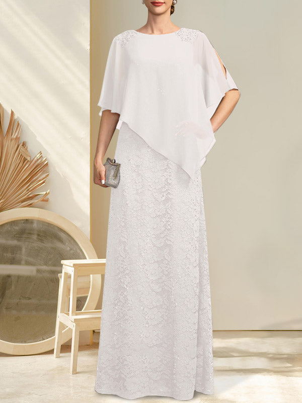 Vestido de madre de la novia de gasa con encaje, escote redondo y largo hasta el suelo, con lentejuelas y abalorios
