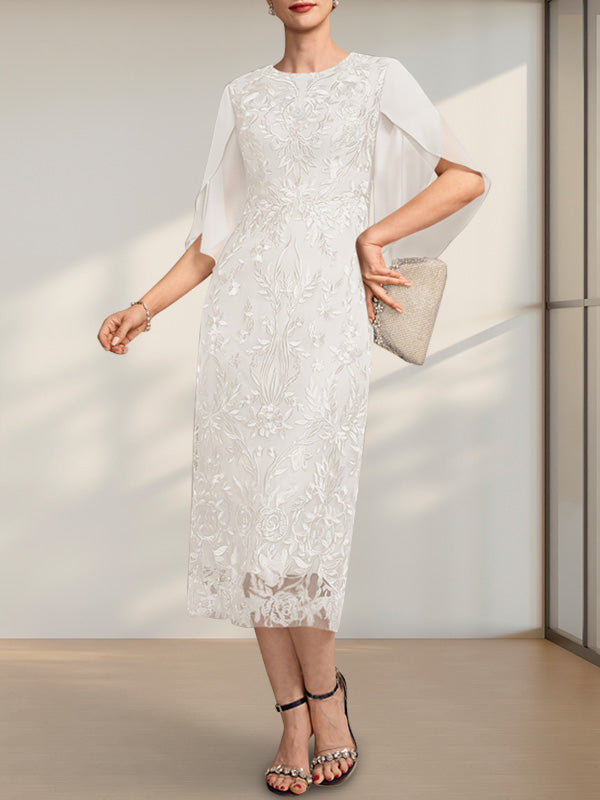 Vestido para madre de la novia de gasa con encaje, corte tubo, escote redondo y largo hasta la rodilla