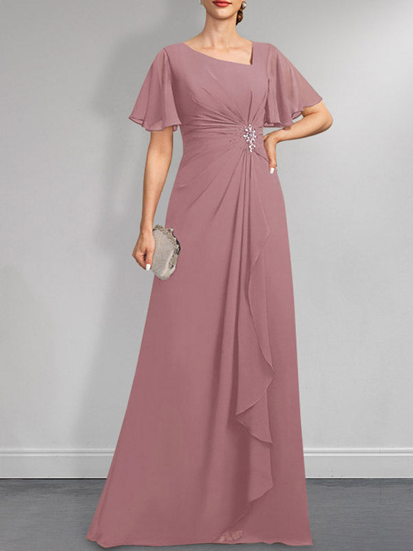 A-Linien-Kleid aus Chiffon in Bodenlänge mit asymmetrischem Schnitt, plissiert und mit Pailletten und Perlenstickerei