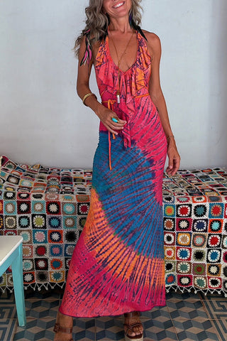 Meridress Ruffle Trim Halter Lace-up Backless Tie Dye Maxi Dress