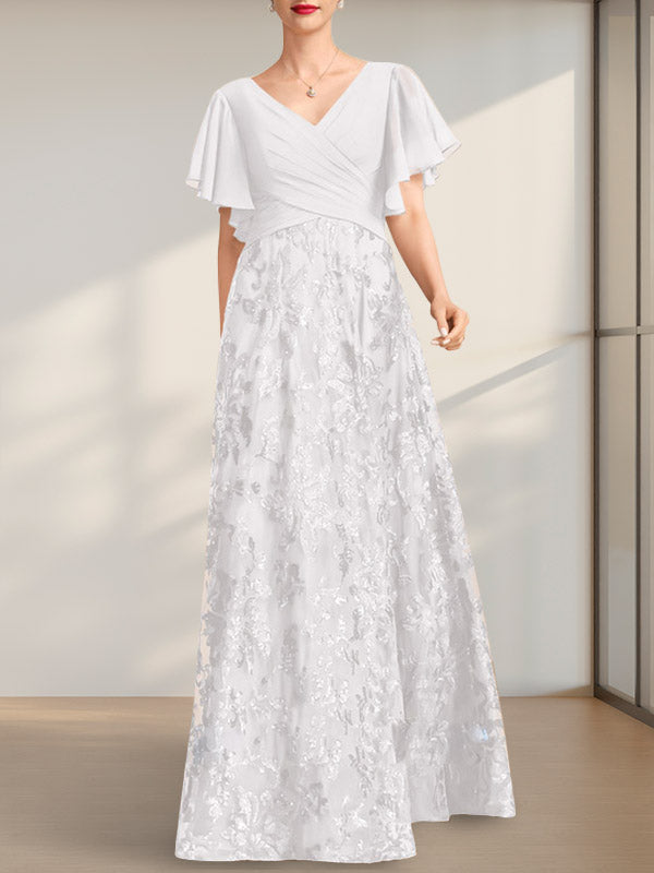 Vestido de madre de la novia de gasa con lentejuelas, encaje, escote en V y largo hasta el suelo, con pliegues