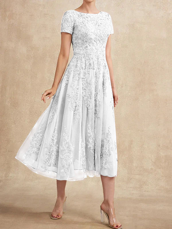 A-Linien-Kleid aus Tüllspitze mit Rundhalsausschnitt und Teelänge für die Mutter der Braut 