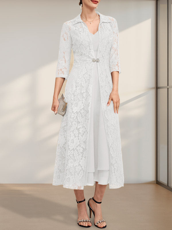 A-Linien-Chiffonkleid mit V-Ausschnitt und Teelänge für die Mutter der Braut