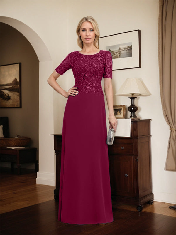 A-Linien-Kleid aus Chiffon mit Pailletten und Rundhalsausschnitt, bodenlang, für die Mutter der Braut