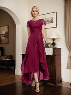 A-Linien-Kleid mit asymmetrischem Chiffon-Spitzenausschnitt, Schleife, Rüschen und Pailletten für die Mutter der Braut 