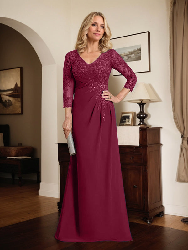 Vestido de madre de la novia de gasa con encaje, escote en V, ilusión, largo hasta el suelo, con lentejuelas plisadas 