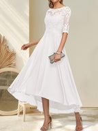 A-Linien-Kleid mit U-Boot-Ausschnitt, Illusion-Effekt, asymmetrischem Chiffon-Spitzenbesatz und Paillettenstickerei für die Mutter der Braut.