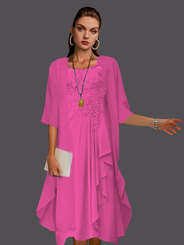 Zweiteiliges, ärmelloses A-Linien-Kleid aus Chiffonspitze mit Faltenapplikationen 