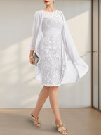 Etuikleid/Säulenkleid mit Illusion-Ausschnitt, knielang, aus Chiffon mit Spitze, Kaskadenrüschen und Pailletten für die Mutter der Braut