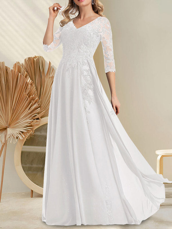 Vestido de gasa con encaje y lentejuelas para madre de la novia, corte A, escote en V y largo hasta el suelo