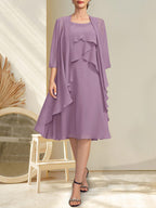 A-Linien-Chiffonkleid mit Rundhalsausschnitt und Perlenstickerei, knielang, für die Mutter der Braut