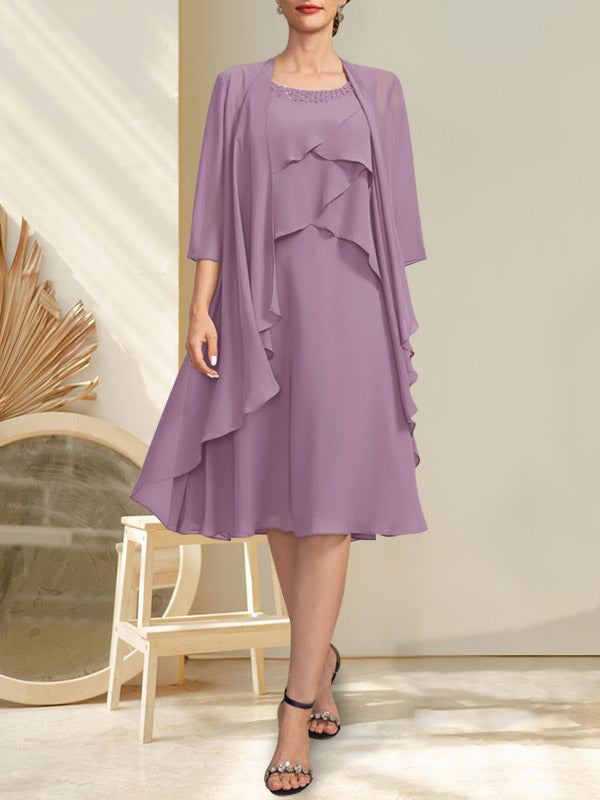 A-Linien-Chiffonkleid mit Rundhalsausschnitt und Perlenstickerei, knielang, für die Mutter der Braut