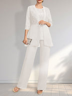 Jumpsuit/Hosenanzug-Set, bodenlanges Chiffon-Spitzenkleid mit Pailletten für die Mutter der Braut mit Rundhalsausschnitt