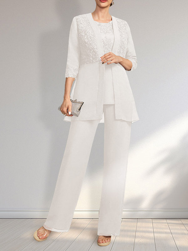 Jumpsuit/Hosenanzug-Set, bodenlanges Chiffon-Spitzenkleid mit Pailletten für die Mutter der Braut mit Rundhalsausschnitt