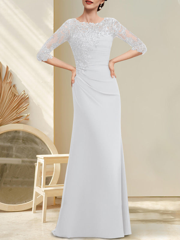 Vestido de gasa para madre de la novia, corte A, largo hasta el suelo, con encaje, cuentas y lentejuelas plisadas