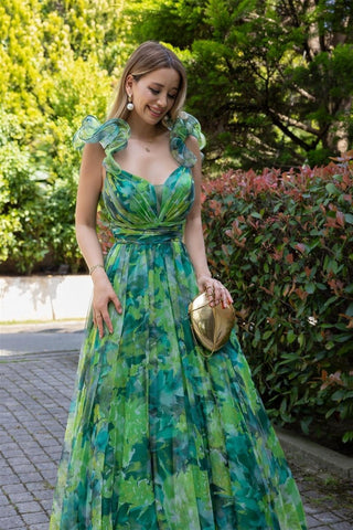 Dana Printed Ruffle Chiffon Maxi Dress