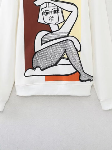 Suéter holgado de algodón con estampado bordado para niña, color blanco otoñal 