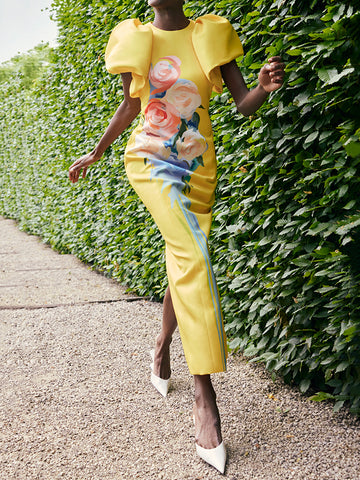 Short Sleeves Floral Printed Split-back Round-neck Maxi Dresses