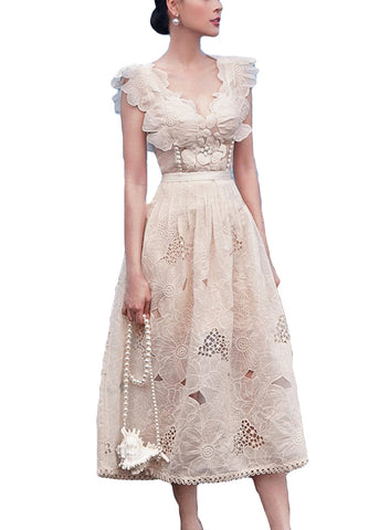 Floral Apricot V-Ausschnitt Aushöhlen Baumwolle Kleider Ärmellos 