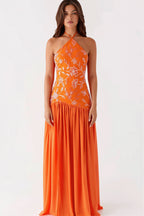 Beaded Splice Halter Neck Split Maxi Dress