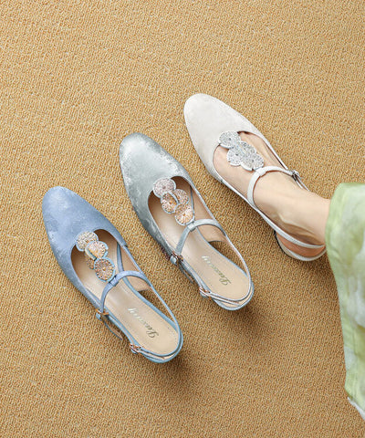 Grey Satin Cowhide Leather Splicing Buckle Strap Chunky Sandals