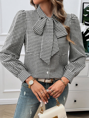 Long Sleeves Loose Buttoned Plaid Pockets Split-Joint Tied Mock Neck Blouses&Shirts Tops