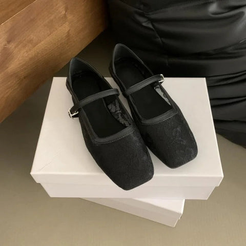 Lace Mary Jane Flats Shoes Women Summer Square Toe Mesh Shallow Shoes Buckle Strap Ballet Footwear Comfort Moccasins Shoes