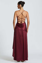 Satin Halter Irregular Split Ruffle Maxi Dress