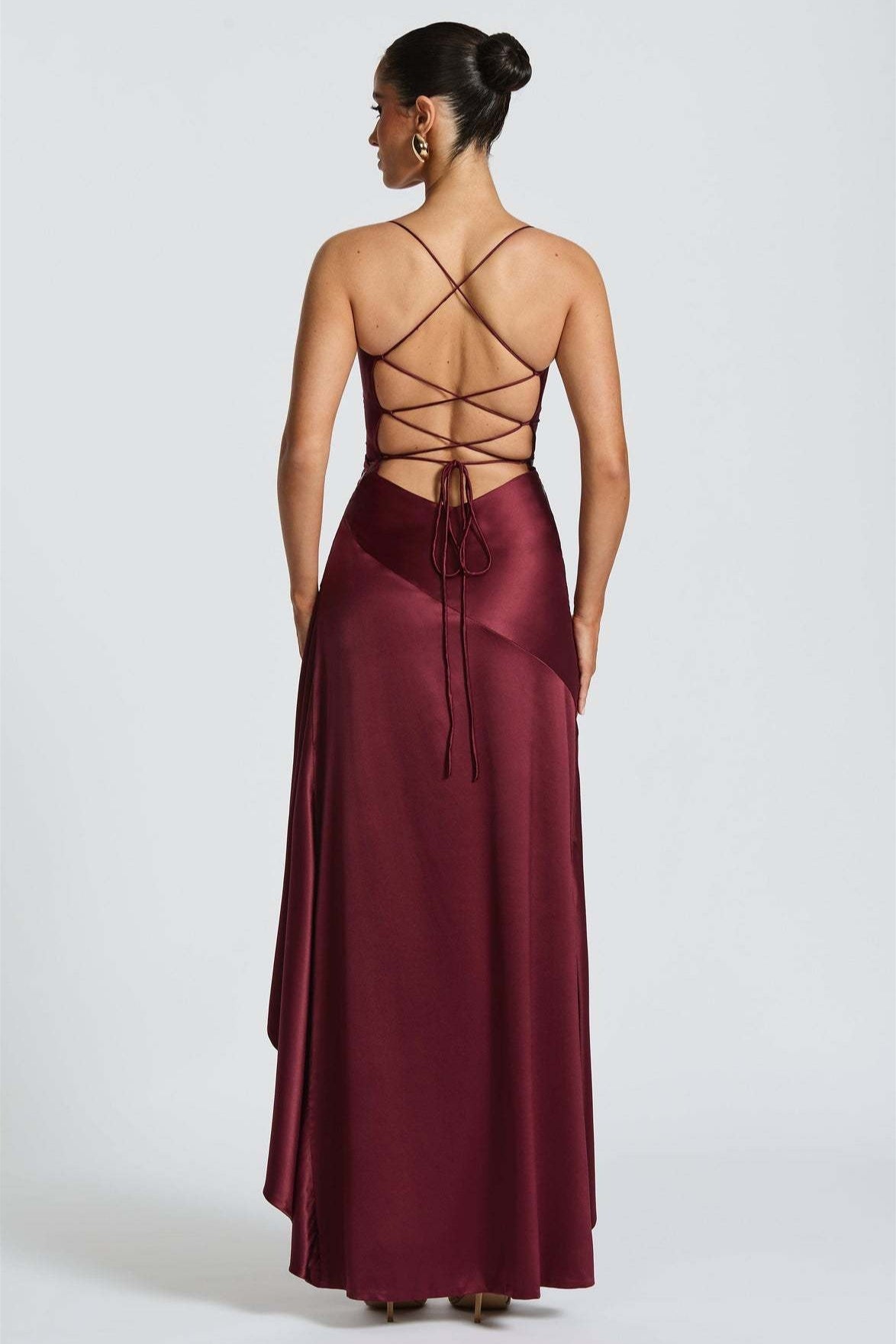 Satin Halter Irregular Split Ruffle Maxi Dress