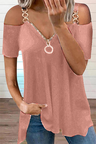 Casual Solid Chains Zipper V Neck T-Shirts(6 Colors)