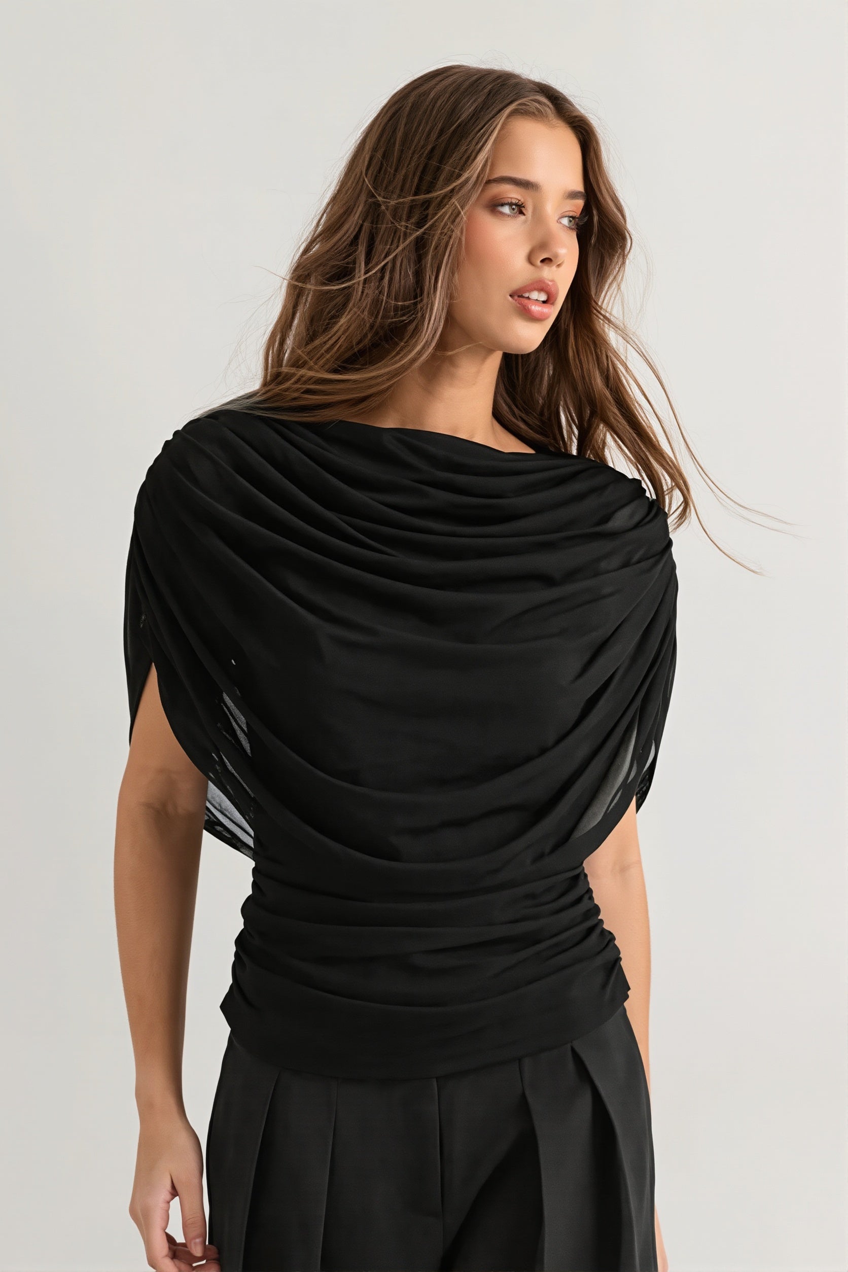 Solid Sheer Ruffle Scarf Neck Blouse