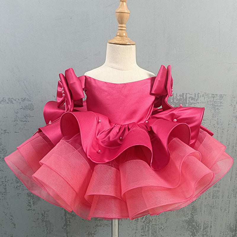 Elegantes rosarotes Kleid mit Schleifenärmeln für kleine Mädchen, Kommunionskleid für Kleinkinder, Prinzessinnenkleid 